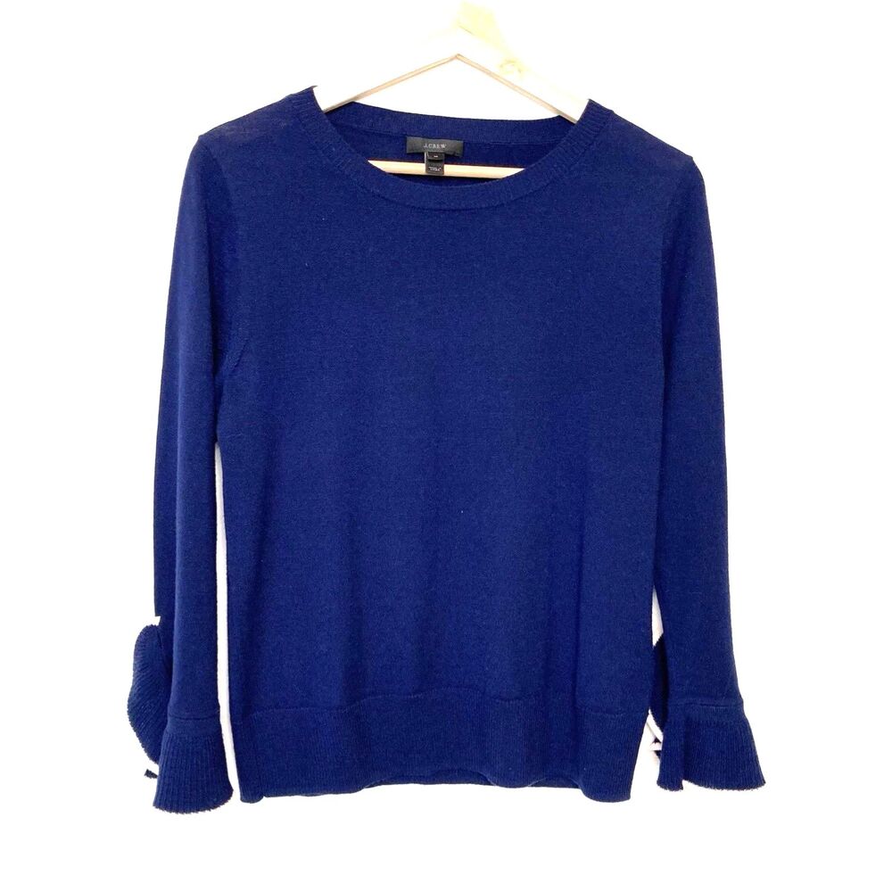 J. Crew Navy Blue Ruffle Bell Sleeve 100% Merino Wool Sweater Womens Medium M
